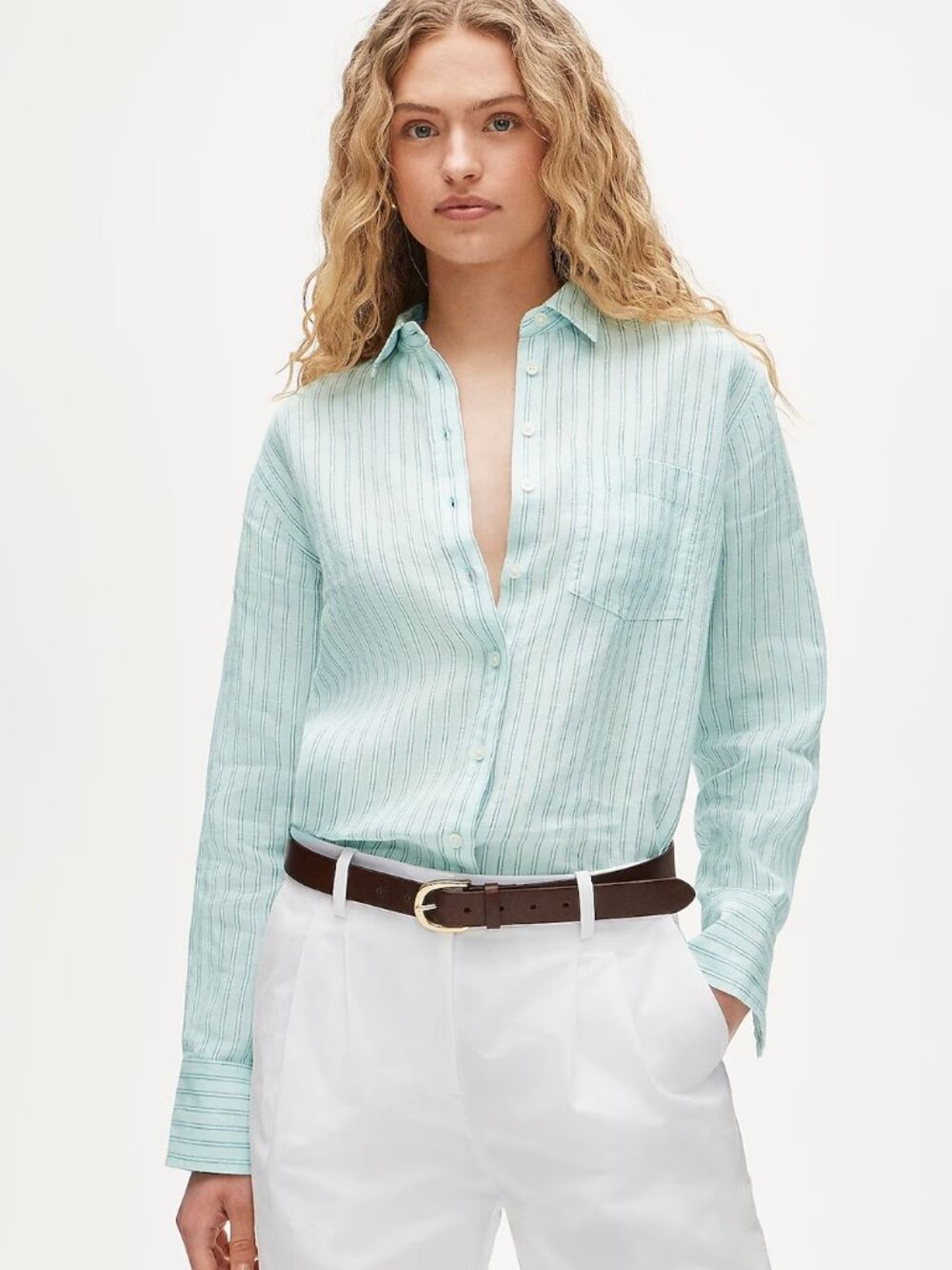 J. Crew Garcon Classic Button-Up Shirt In Striped Linen Blue Green Sz 16 Preppy
